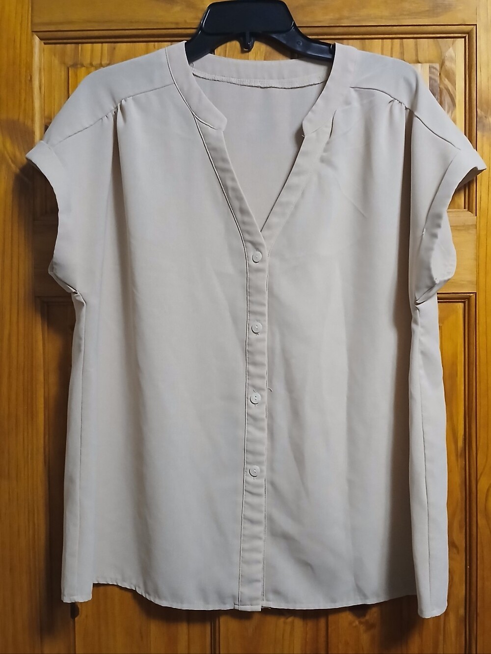 Relaxed Creamish Tan Button-Front Short Sleeve Blouse